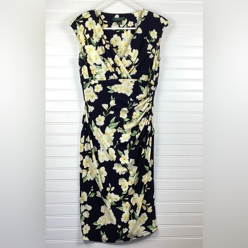 Lauren Ralph Lauren Midi Dress Women 6 Blue Yellow Floral Scoop Neck Pullover